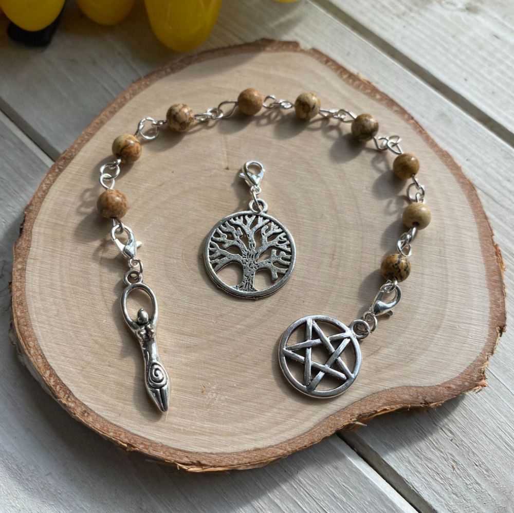 Picture Jasper Spell Beads with Pentagram, Goddess and Tree of Life Charms