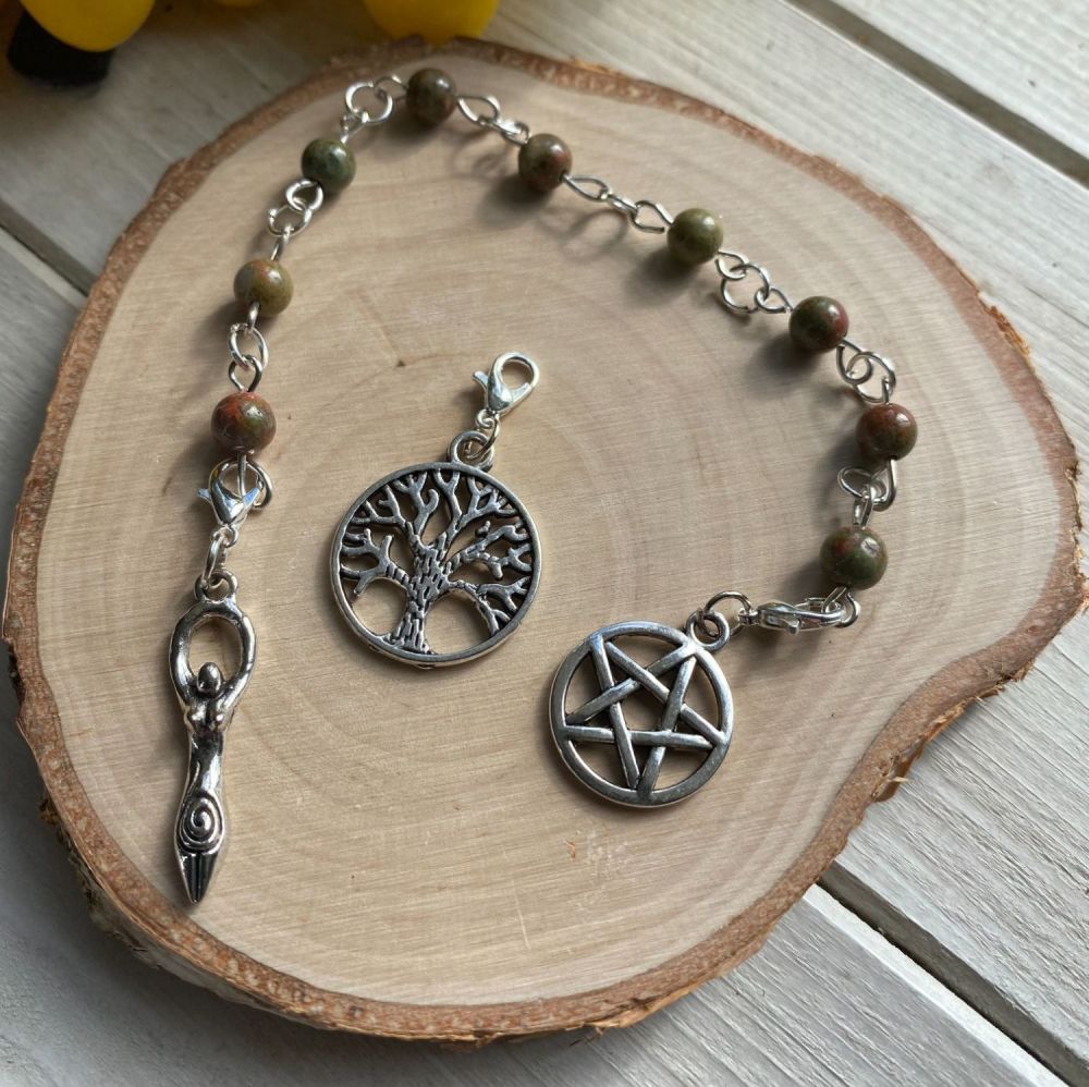 Unakite Spell Beads with Pentagram, Goddess and Tree of Life Charms