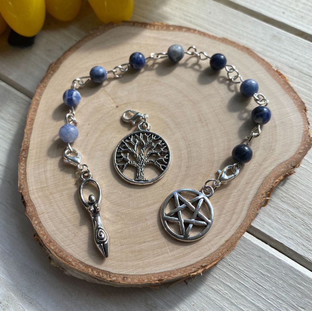 Sodalite Spell Beads with Pentagram, Goddess and Tree of Life Charms