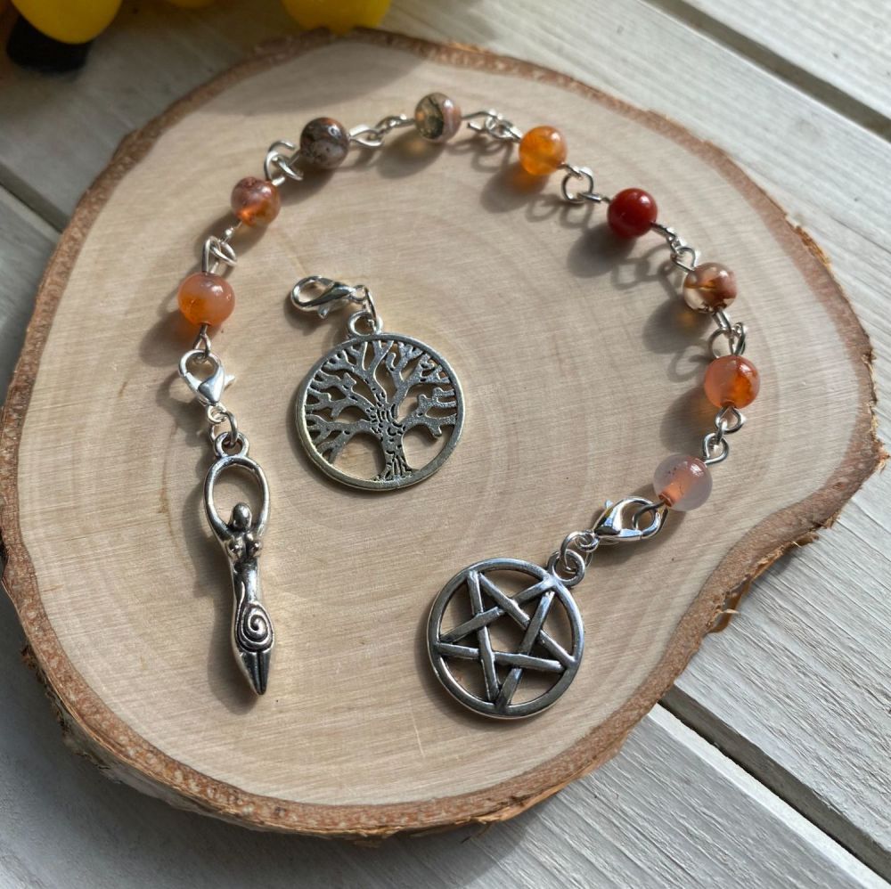 Fire Agate Spell Beads with Pentagram, Goddess and Tree of Life Charms