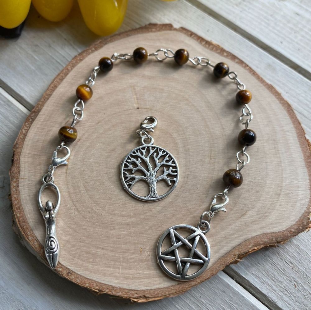 Tiger Eye (Gold) Spell Beads with Pentagram, Goddess and Tree of Life Charms