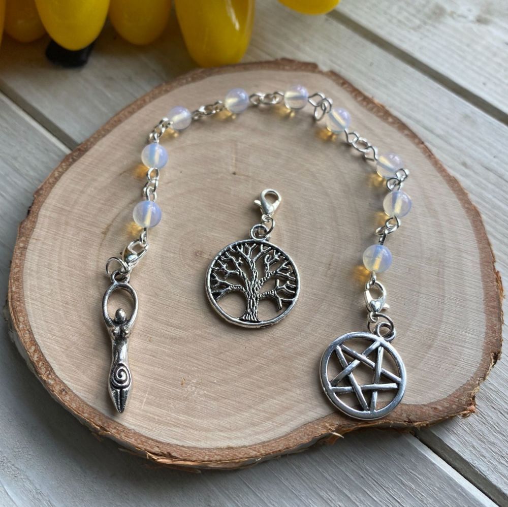 Opalite Spell Beads with Pentagram, Goddess and Tree of Life Charms