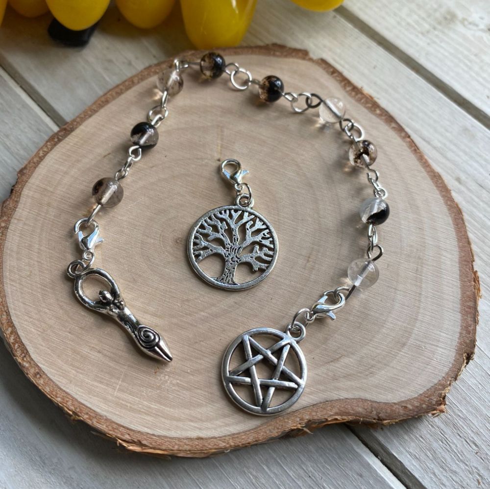 Tourmalinated Quartz Spell Beads with Pentagram, Goddess and Tree of Life Charms