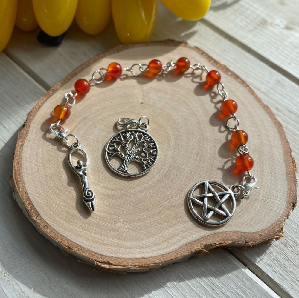  Carnelian Spell Beads with Pentagram, Goddess and Tree of Life Charms