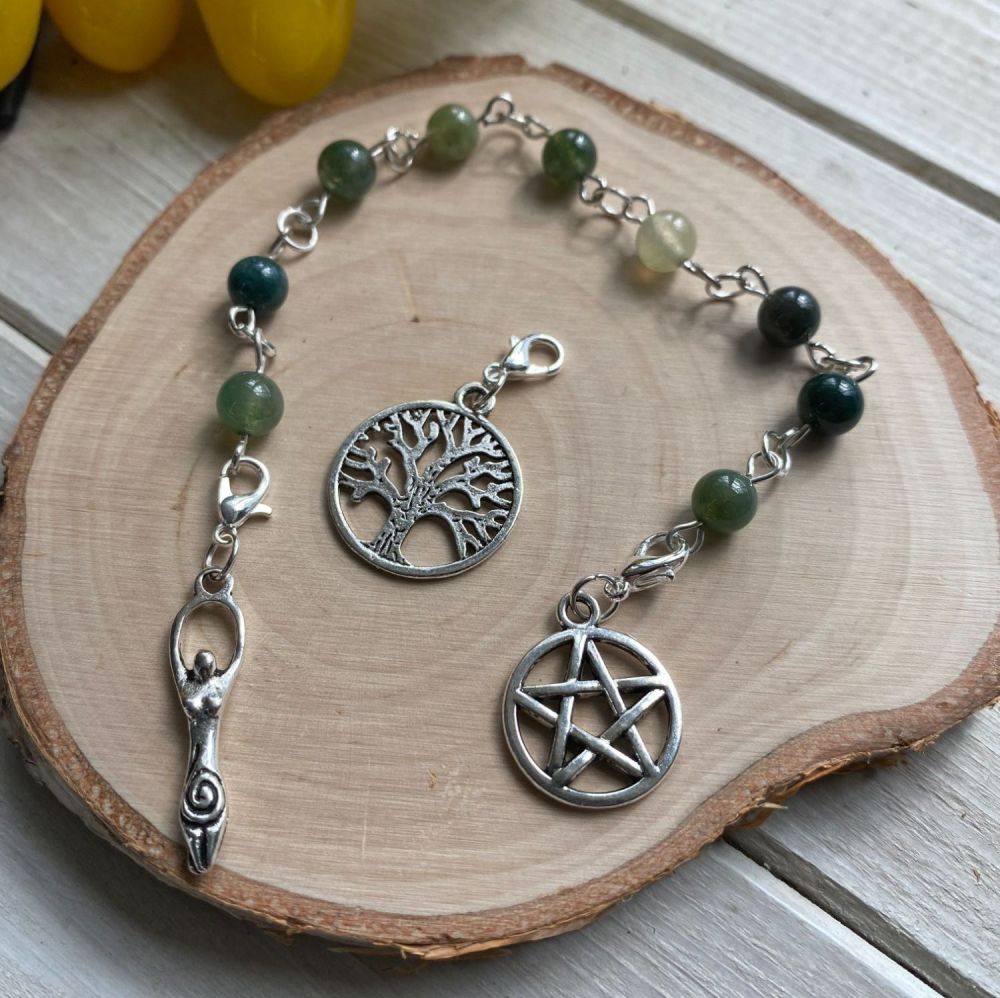 Moss Agate Spell Beads with Pentagram, Goddess and Tree of Life Charms