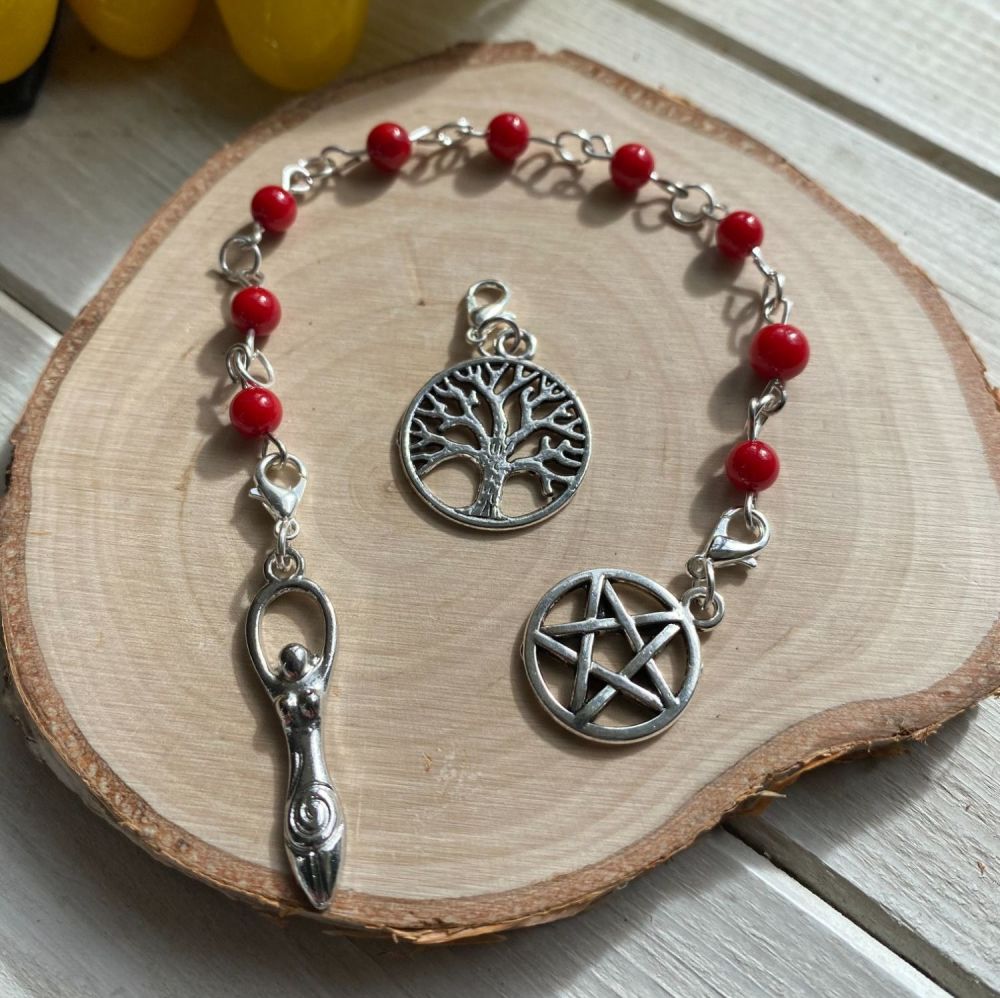 Red Coral Spell Beads with Pentagram, Goddess and Tree of Life Charms