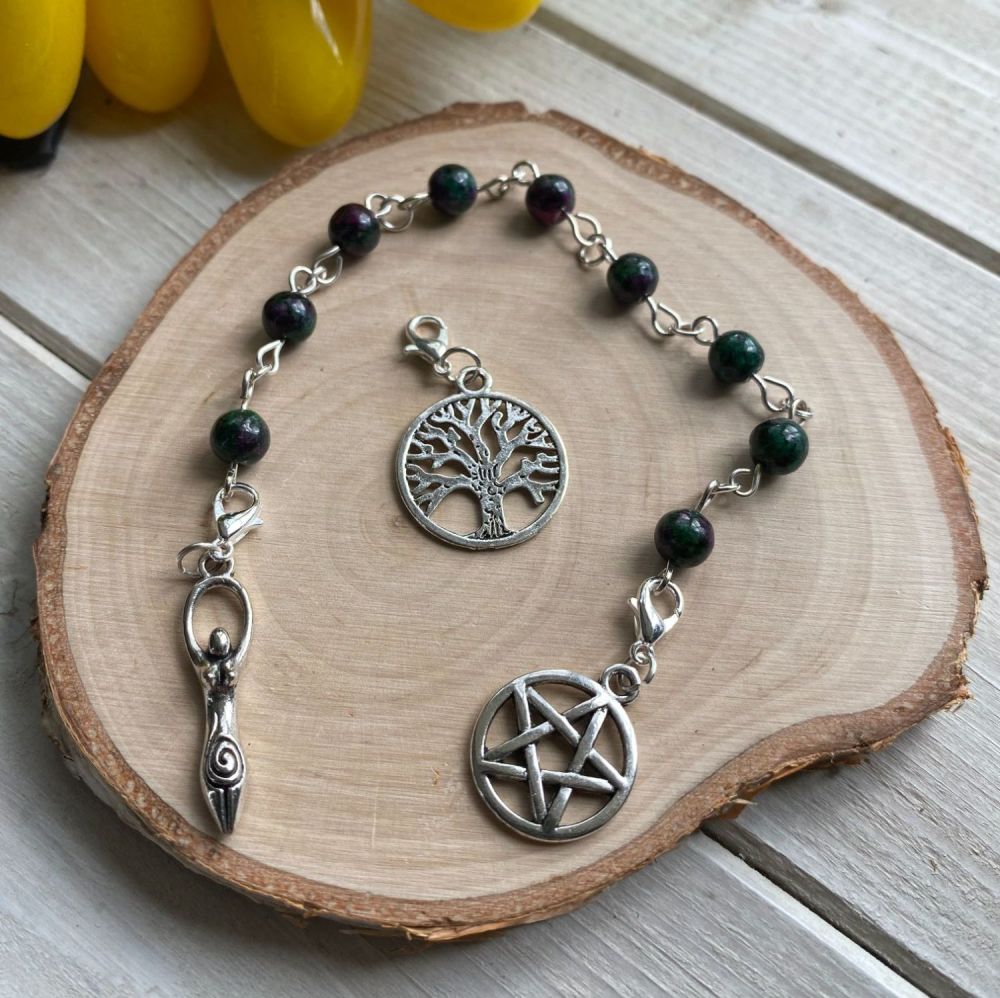 Ruby Zoisite Spell Beads with Pentagram, Goddess and Tree of Life Charms