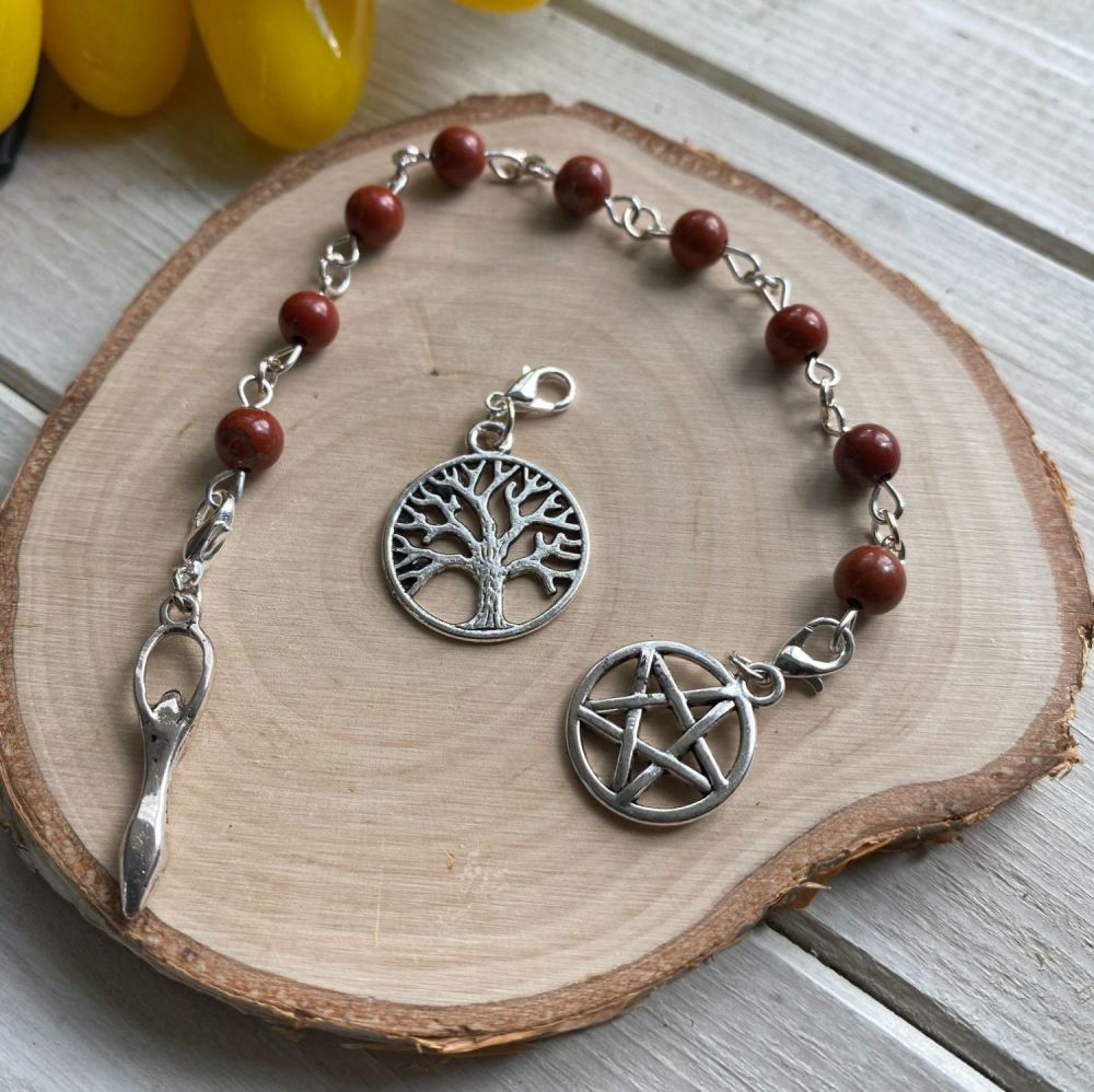 Red Jasper Spell Beads with Pentagram, Goddess and Tree of Life Charms