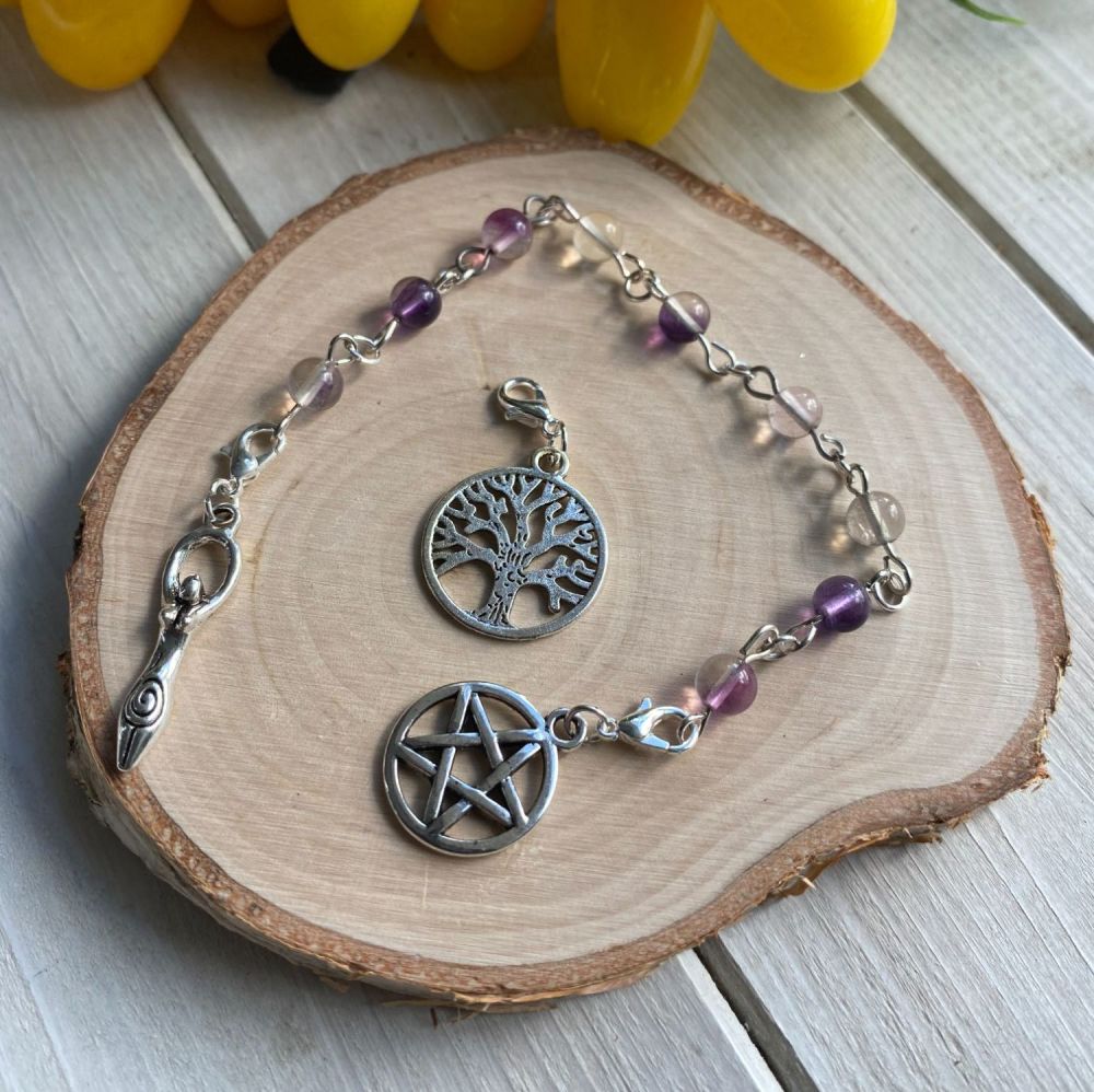 Fluorite Spell Beads with Pentagram, Goddess and Tree of Life Charms