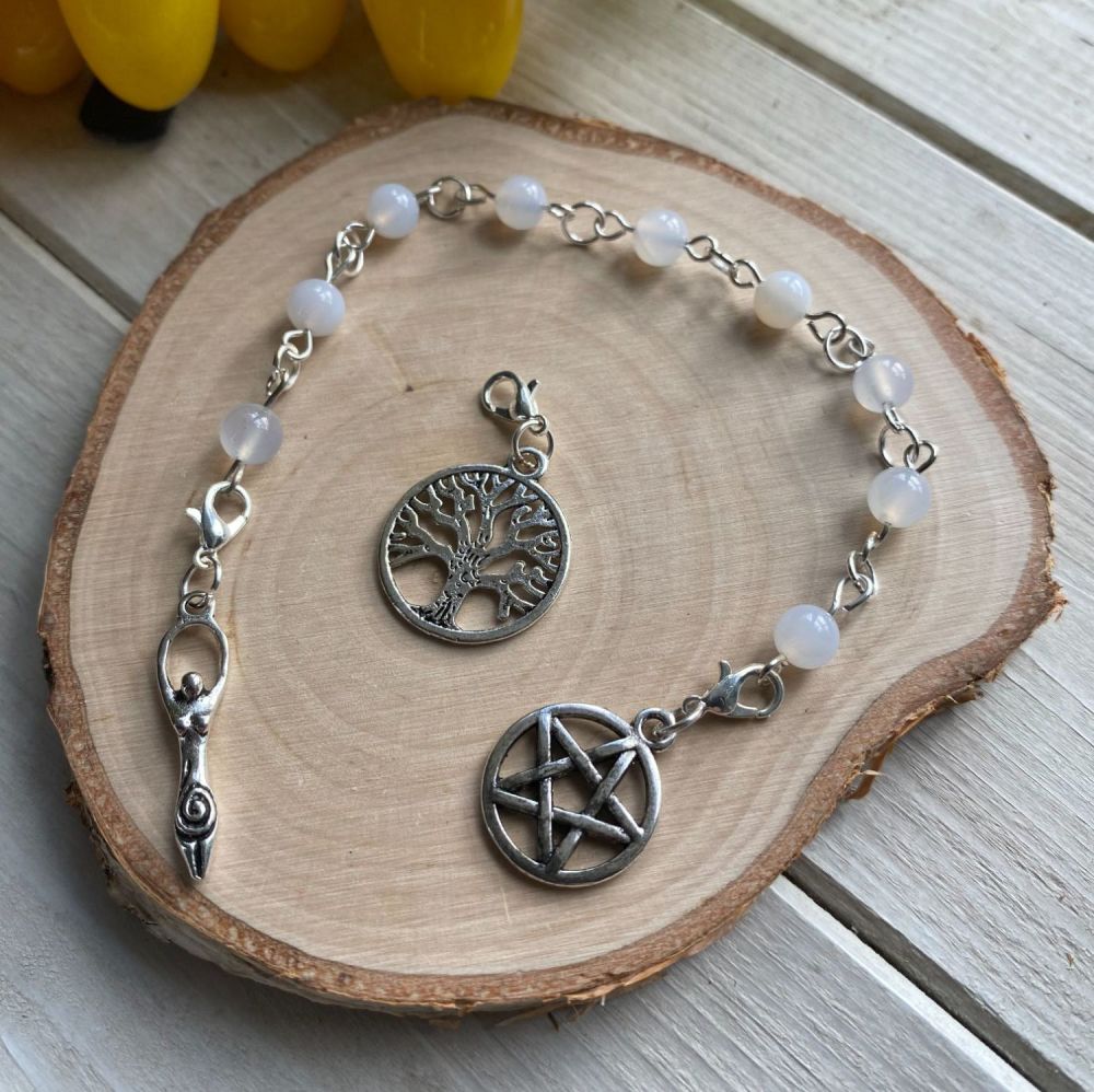 Blue Lace Agate Spell Beads with Pentagram, Goddess and Tree of Life Charms