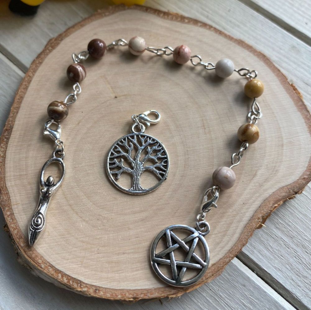 Brown Zebra Jasper Spell Beads with Pentagram, Goddess and Tree of Life Charms