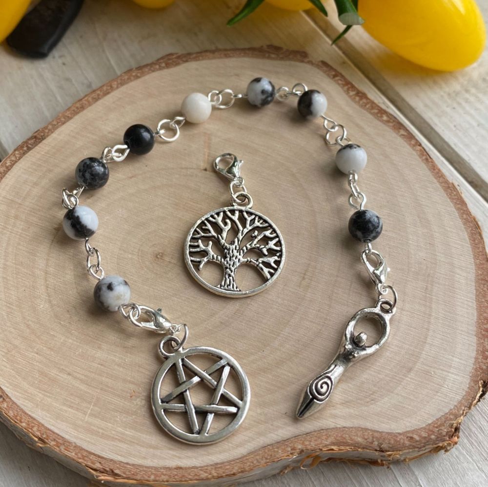 Zebra Agate Spell Beads with Pentagram, Goddess and Tree of Life Charms