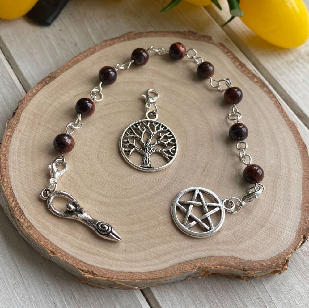 Red Tiger Eye Spell Beads with Pentagram, Goddess and Tree of Life Charms