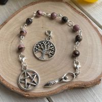 Rhodonite Spell Beads with Pentagram, Goddess and Tree of Life Charms ~ SALE