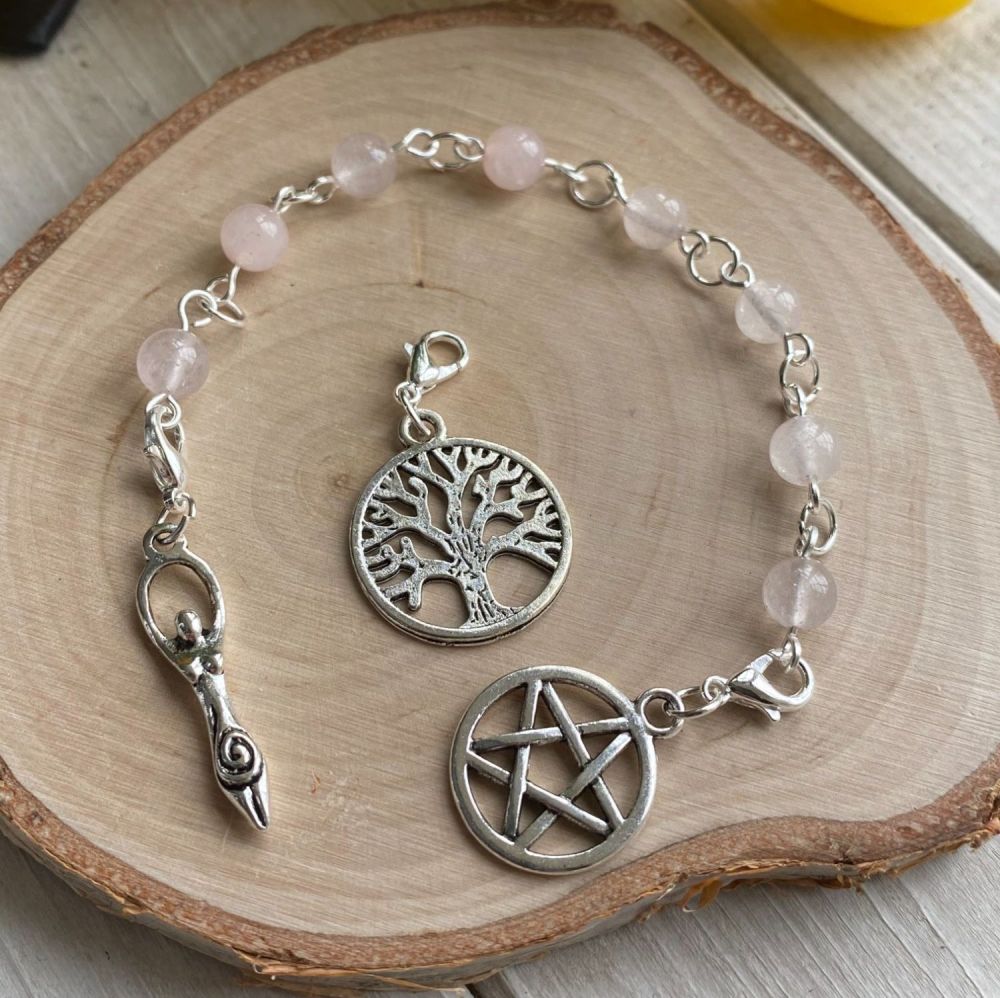 Rose Quartz Spell Beads with Pentagram, Goddess and Tree of Life Charms