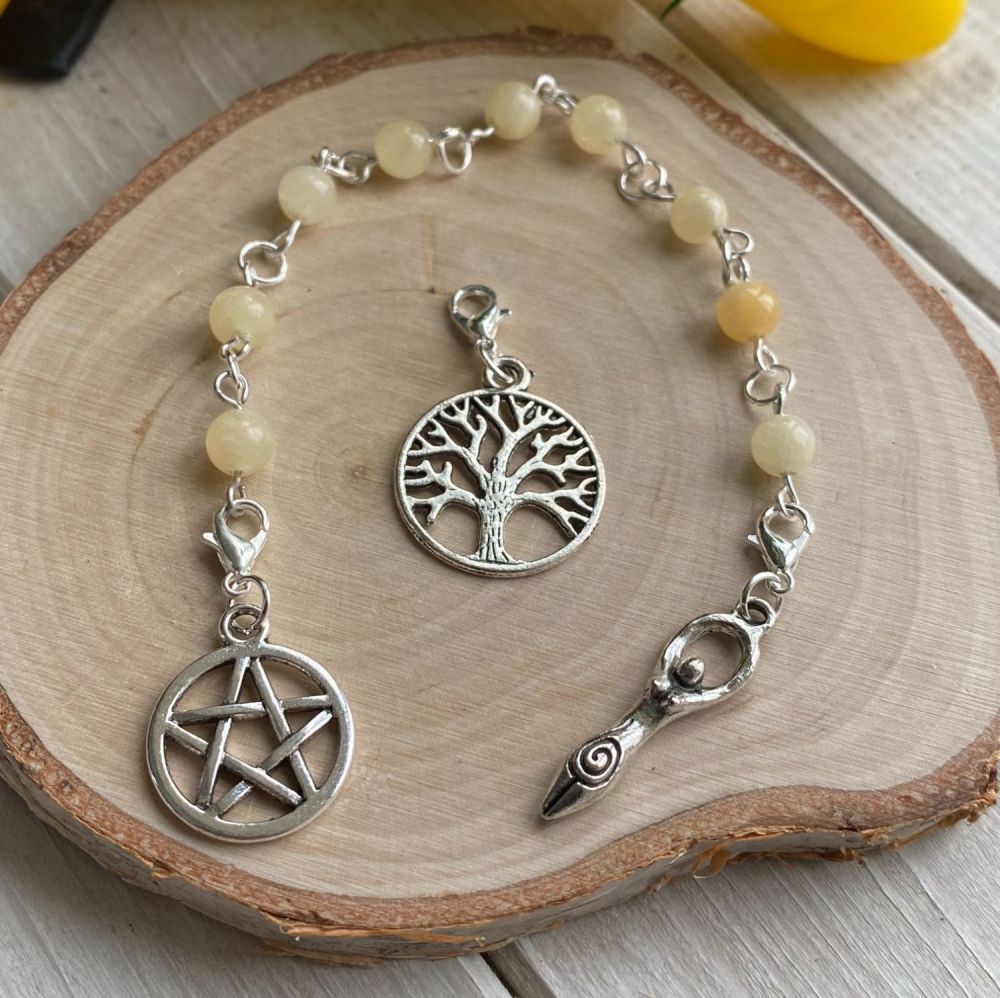 Calcite Spell Beads with Pentagram, Goddess and Tree of Life Charms