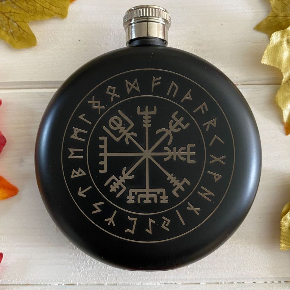 Viking Compass Hip Flask ~ Matt Black