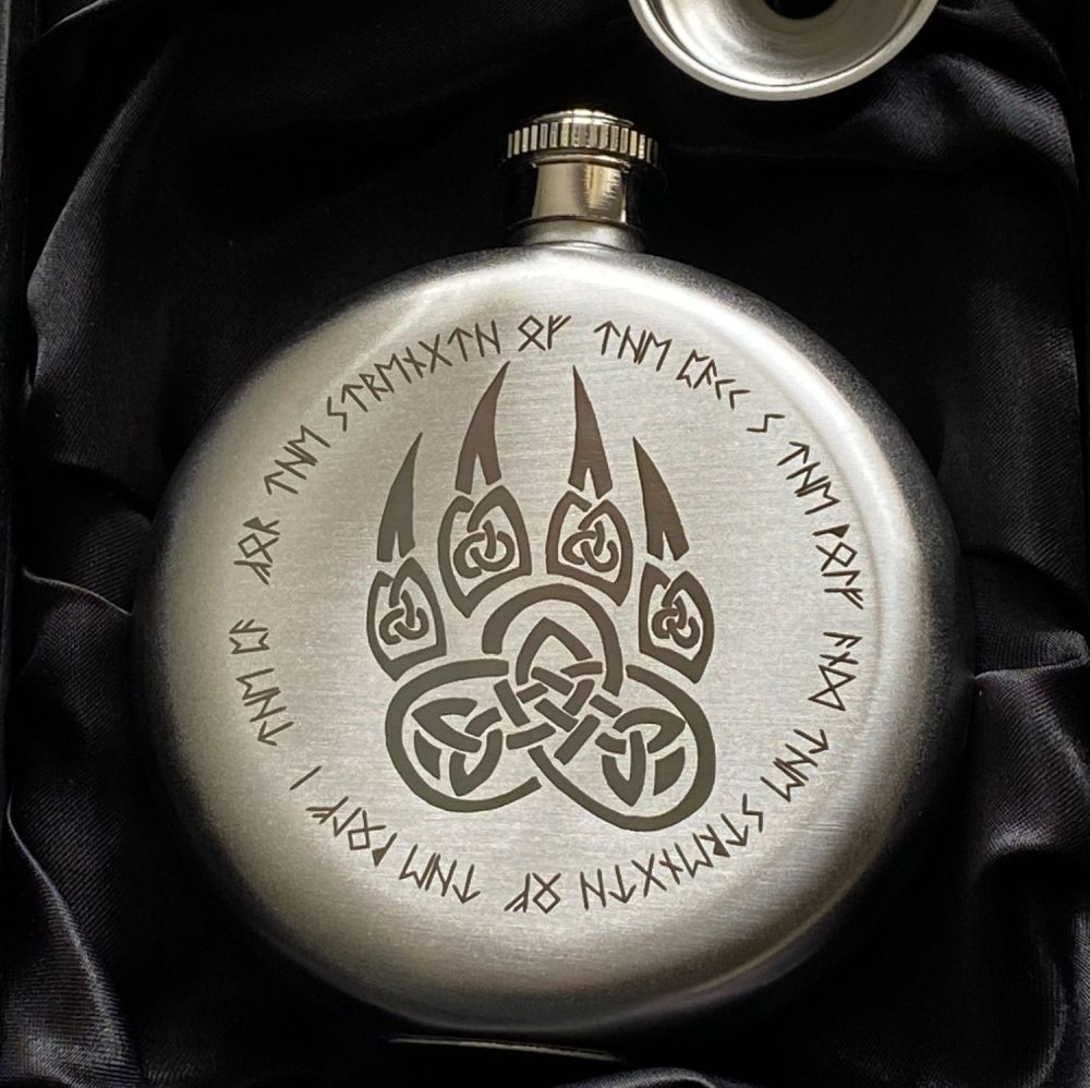 Wolf Paw and Runic Verse Hip Flask ~ Silver