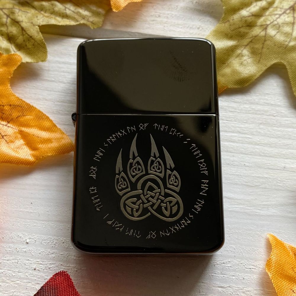 A stunning engraved lighter with Celtic Wolf Paw design