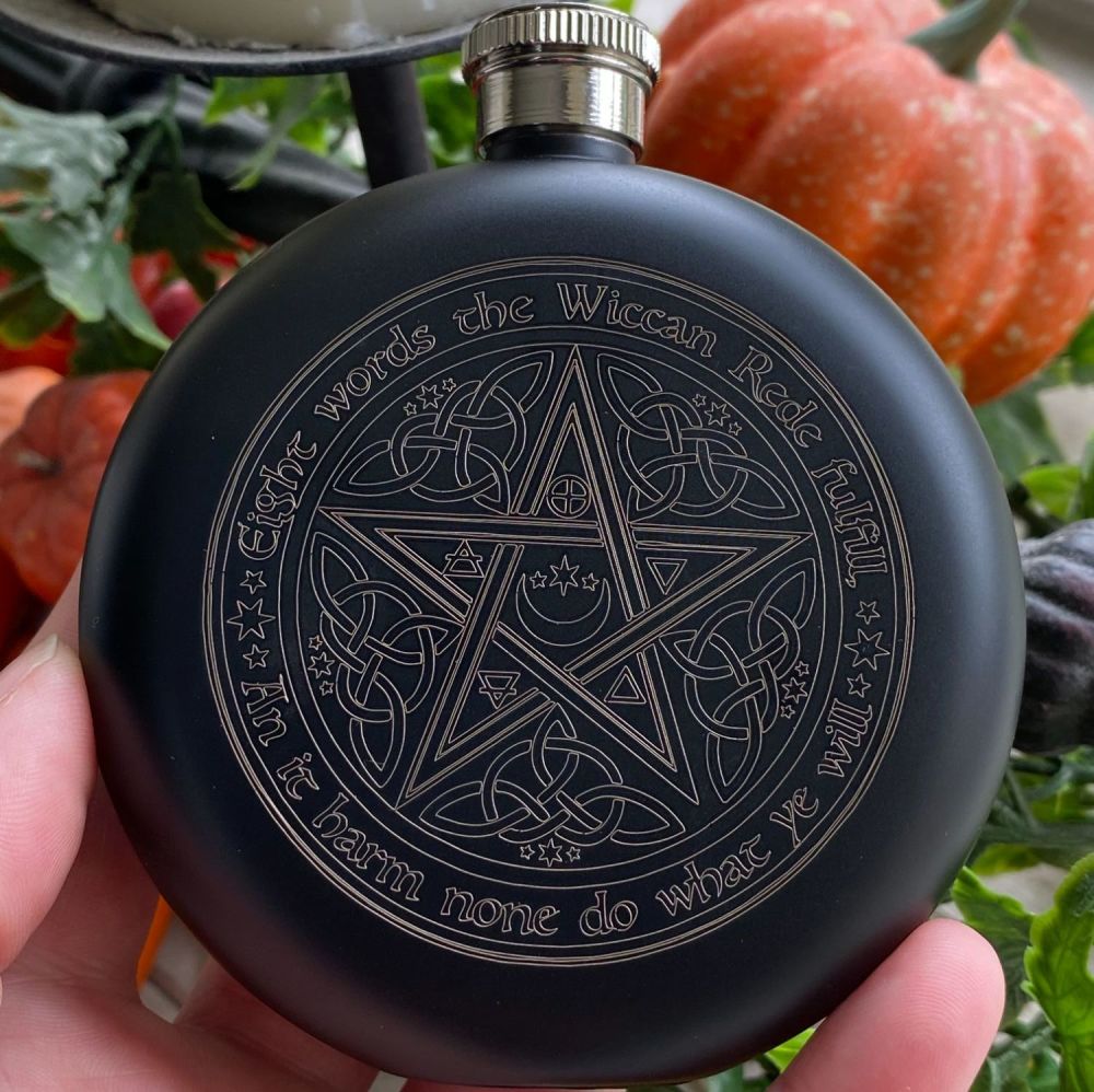 A Stunning Matt Black Wiccan Rede and Moon Phase Hip Flask