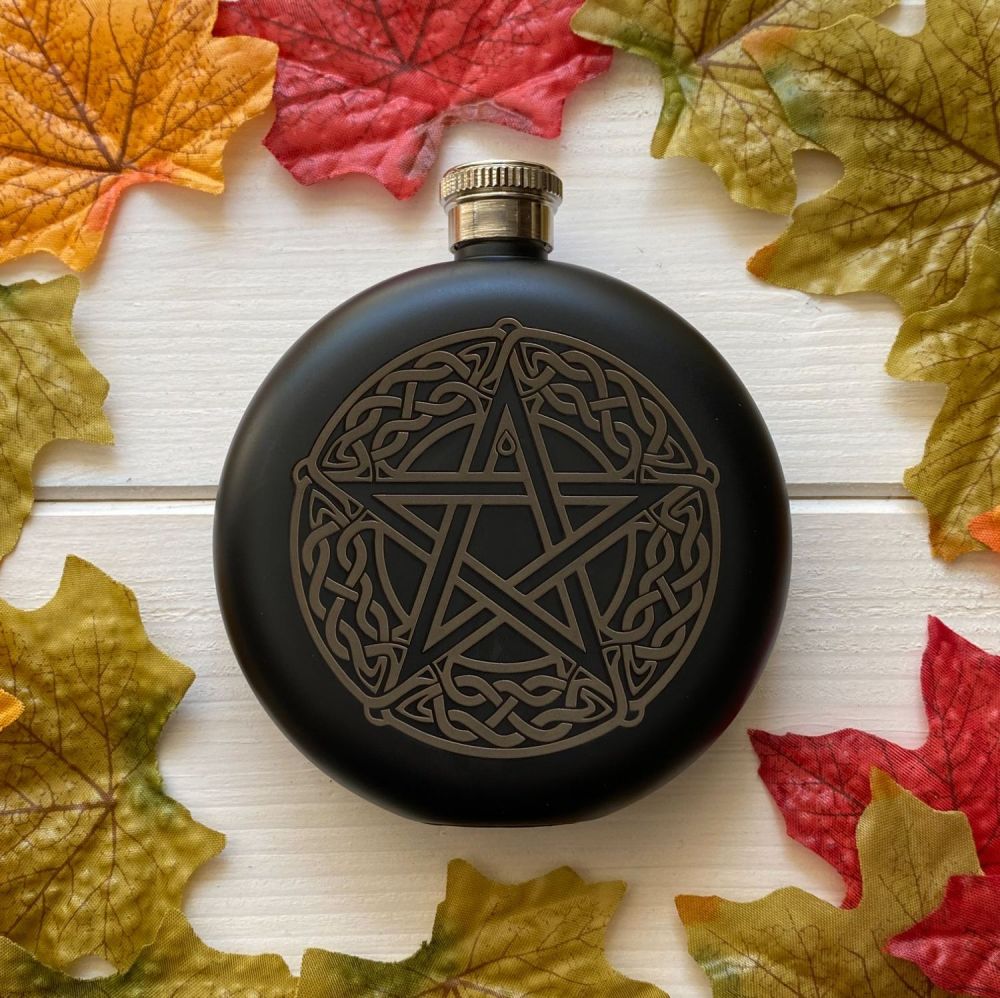 A Stunning Matt Black Celtic Pentagram and Moon Phase Hip Flask