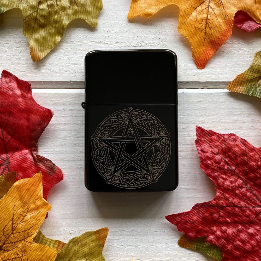 A stunning engraved lighter with Celtic Pentagram and Moon Phase design