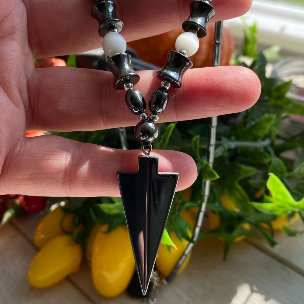 Carved Hematite Arrow Head Pendant and Necklace
