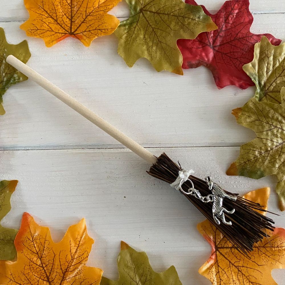 Hand Crafted Witches Broom with Wolf Charm