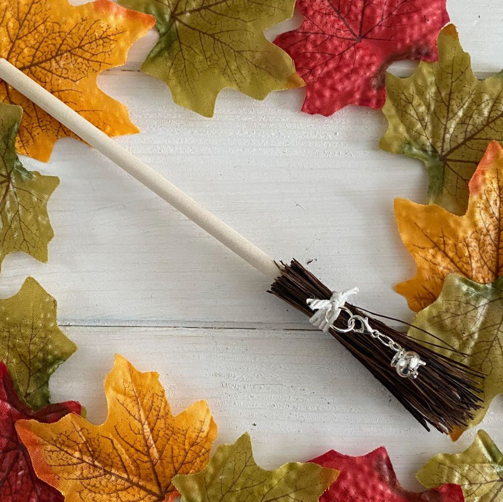 Hand Crafted Witches Broom with Cauldron Charm