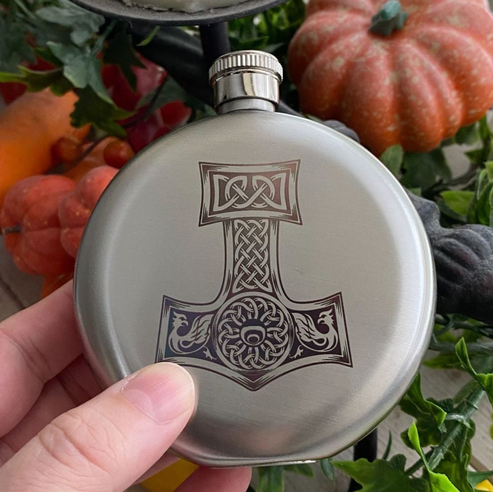 A Stunning Thor's Hammer/See you in Valhalla Viking Design Hip Flask ~ Boxe