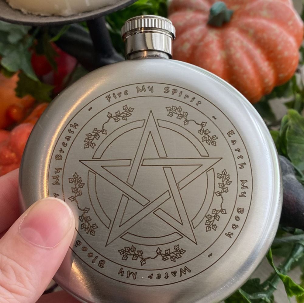 Elemental Pentagram and Astrology Wheel Hip Flask ~ Silver