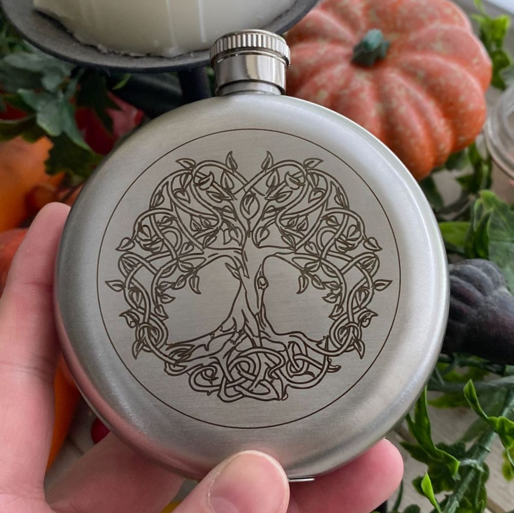 Tree of Life and Green Man Hip Flask ~ Silver