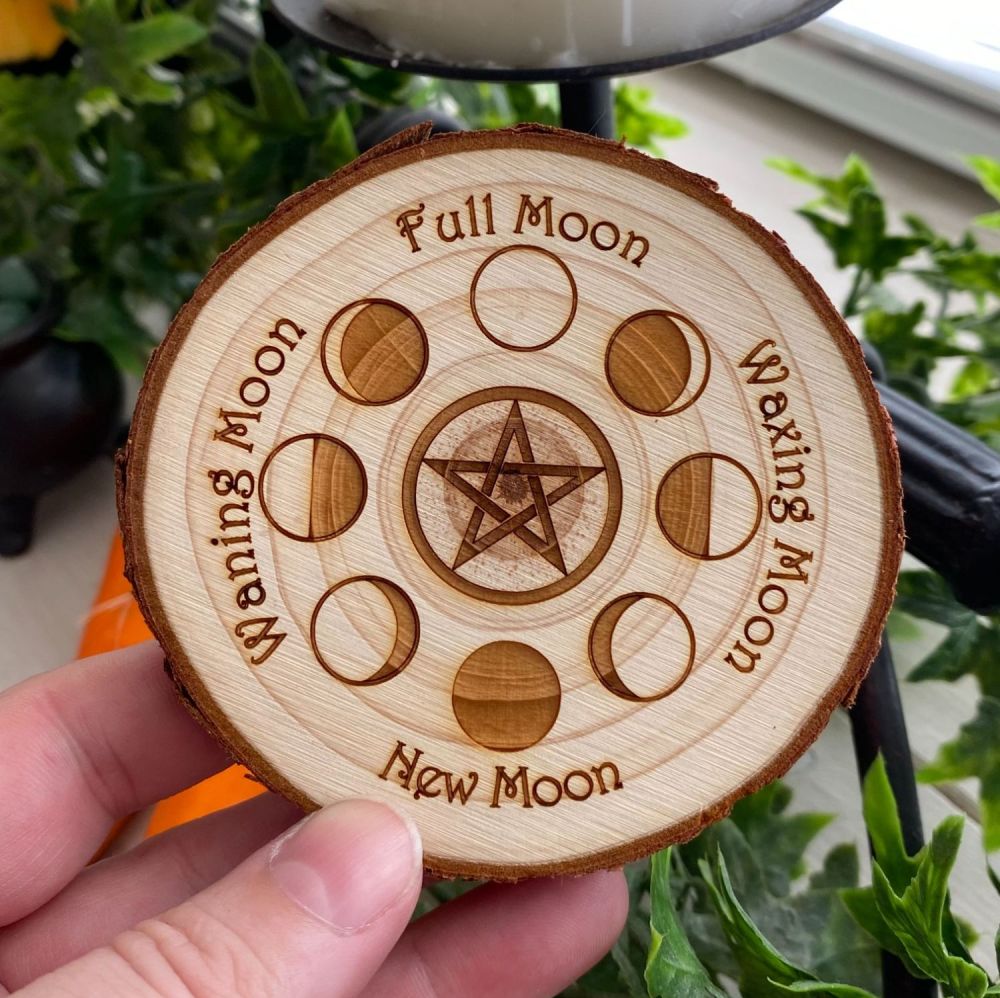 Moon Phase Wood Slice with Pentagram