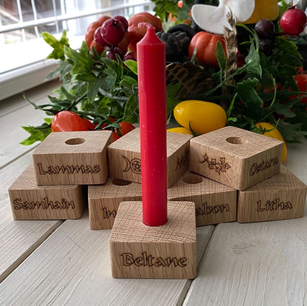 Set of 8 Hand Crafted Oak Wood Sabbat Candle Holders