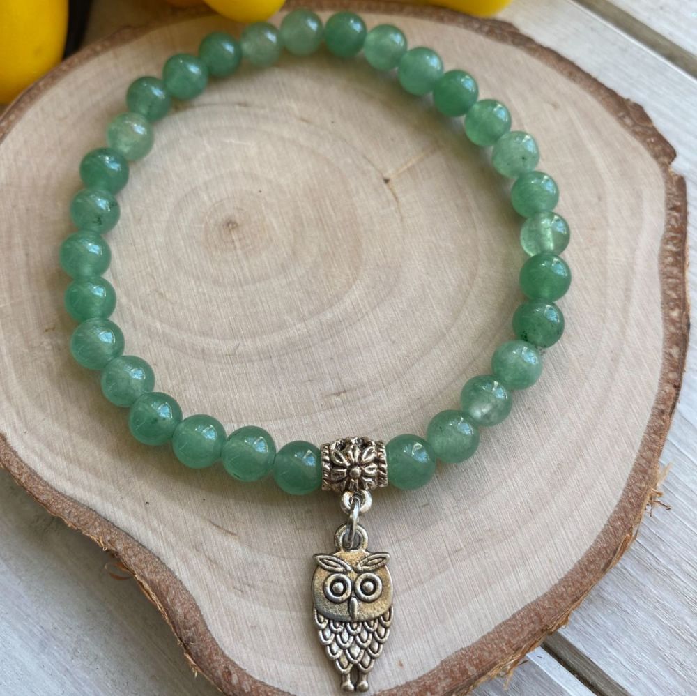Crystal Bracelet with Green Aventurine Beads and Owl Charm