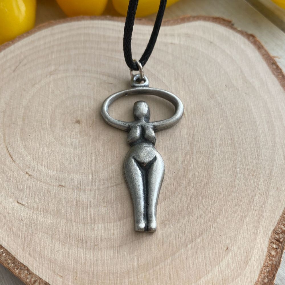 Pewter Earth Mother Pendant with Black Cord Necklace