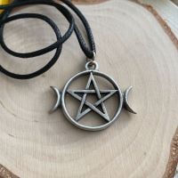 Pewter Triple Moon and Pentagram Pendant with Black Cord Necklace