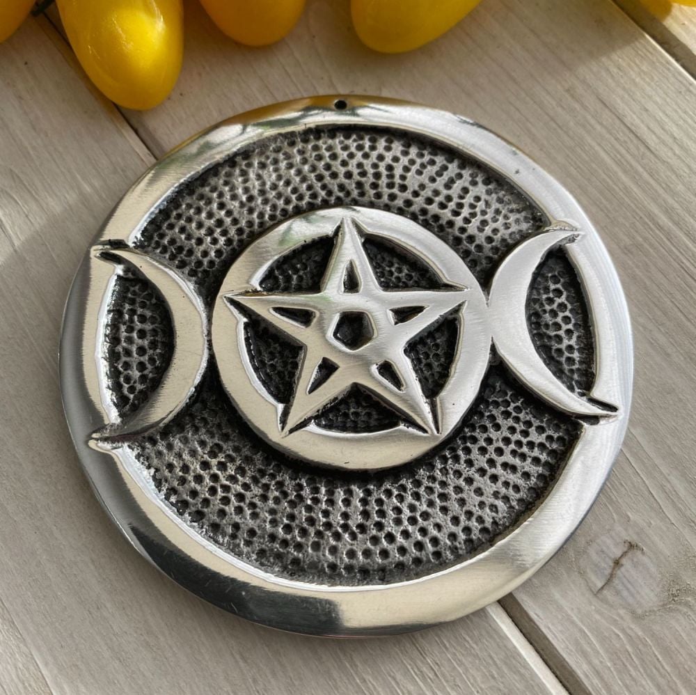 Aluminium Ash Catcher for Incense Sticks ~ Silver Triple Moon Pentagram