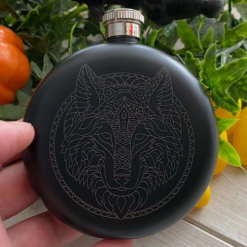 A Stunning Sacred Wolf  Hip Flask ~ Matt Black