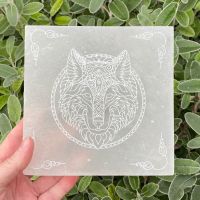 Selenite Square Charging Plate 15 cm ~ Sacred Wolf