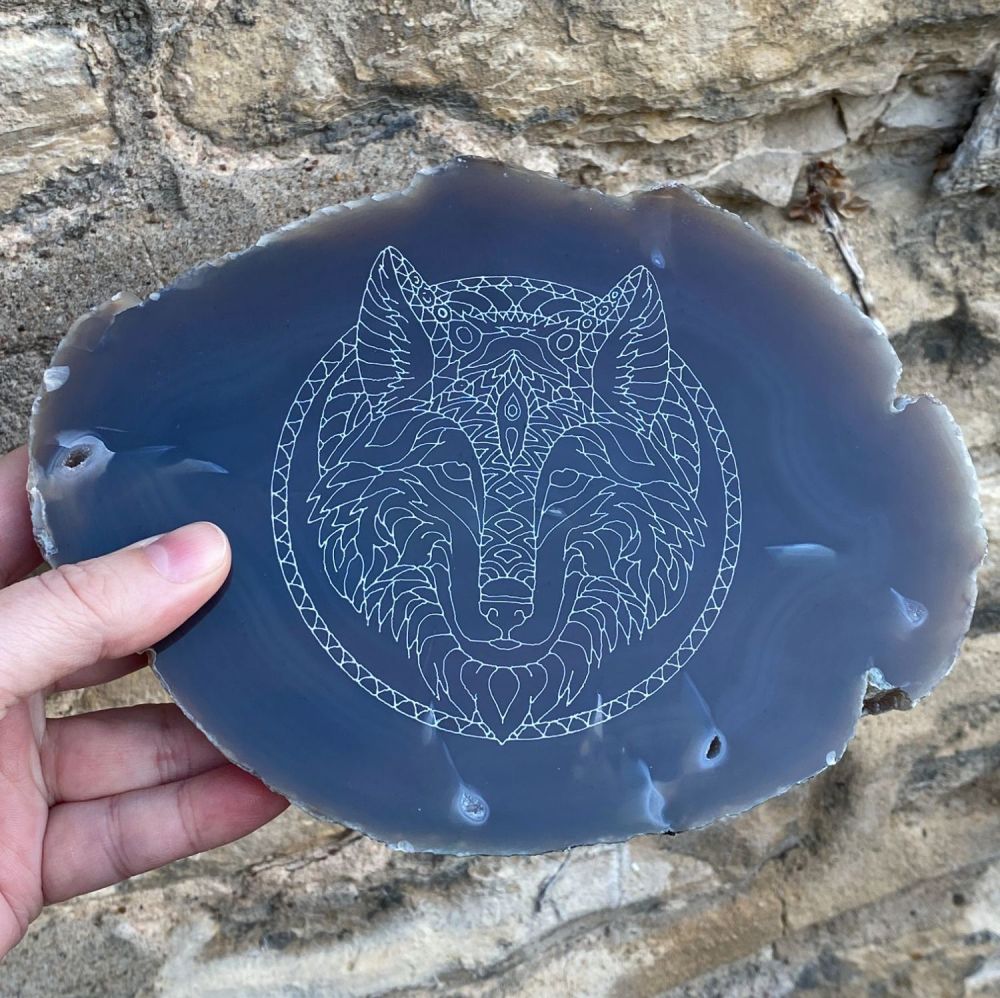 Agate Double Sided Chunk with Sacred Wolf Design on one Side and Celtic Wolf Paw on the other
