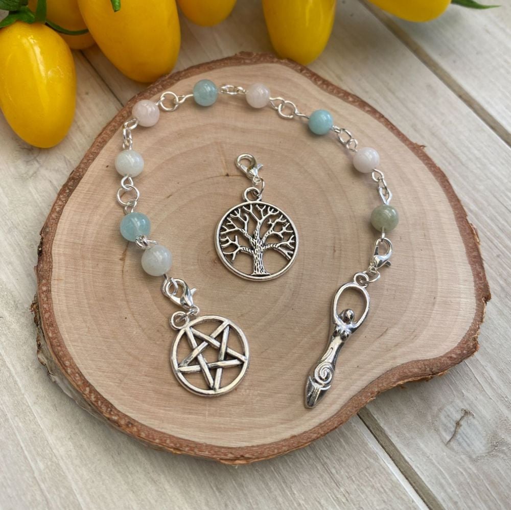  Morganite Spell Beads with Pentagram, Goddess and Tree of Life Charms