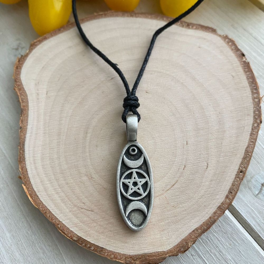 Pewter Oval Pendant with Triple Moon and Pentagram