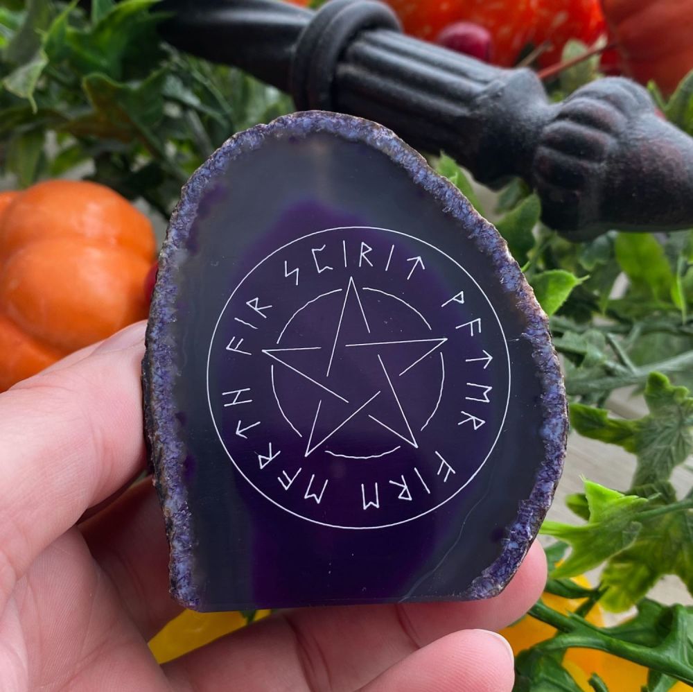 Agate Chunk Incense Stick Holder with Runic Elements Pentagram ~ Purple R3