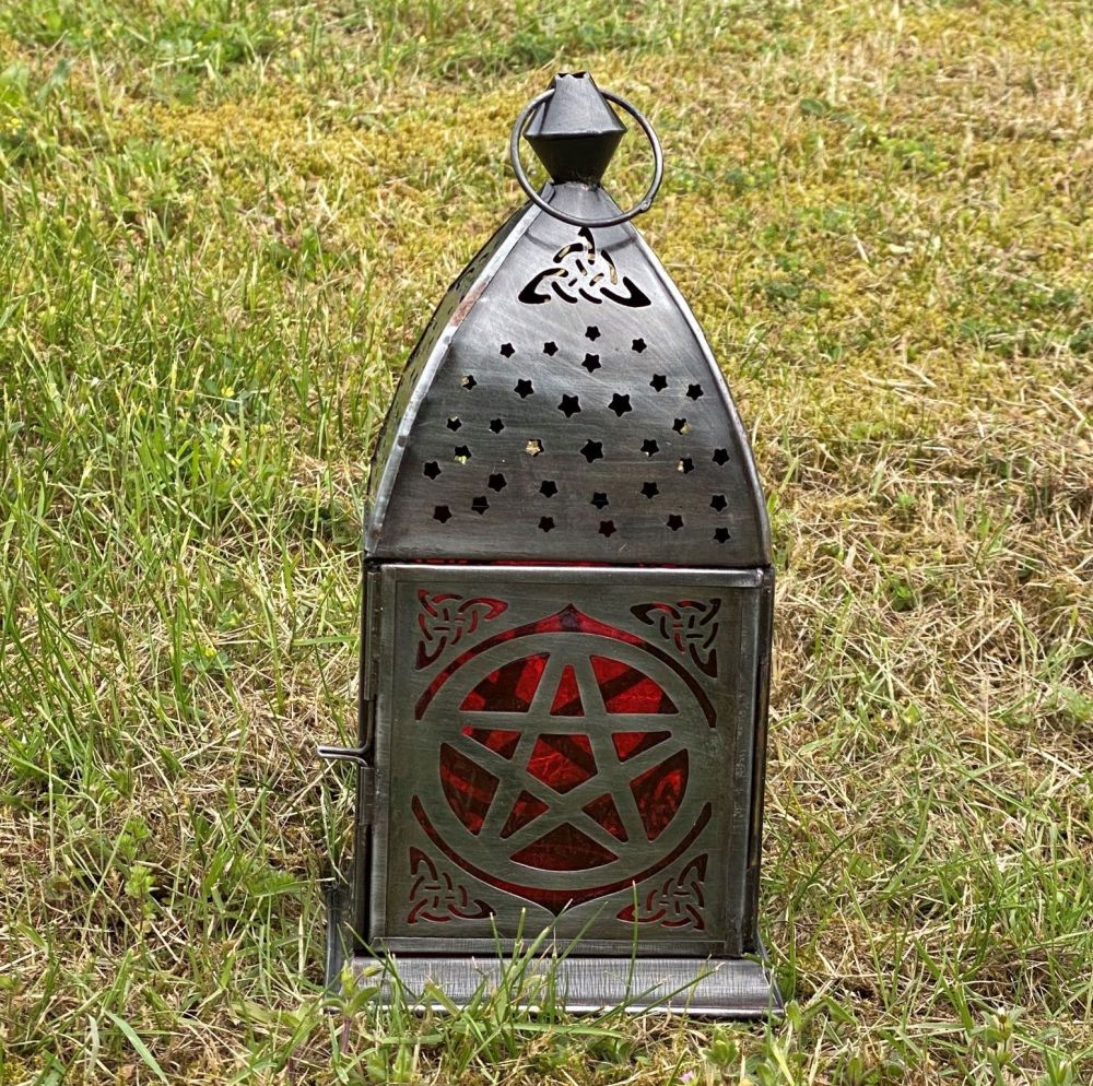 Lantern T Light Holder with Pentagram Design ~ Red