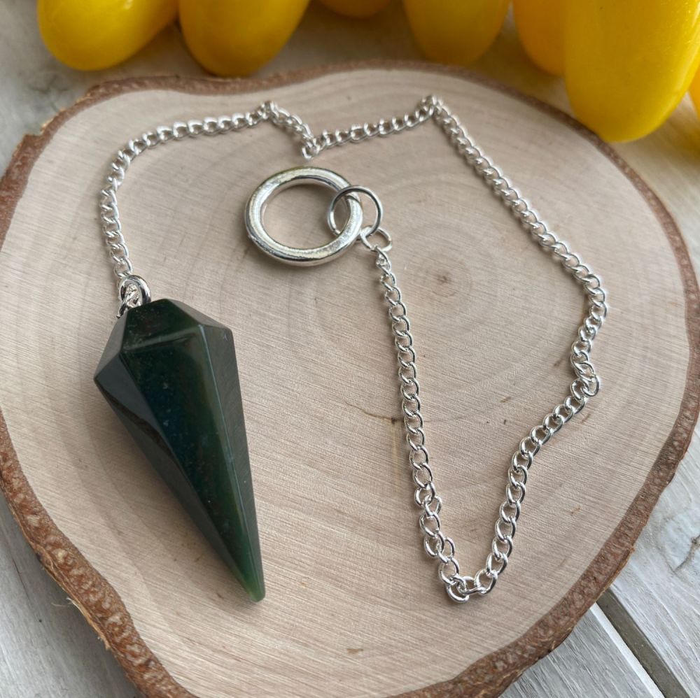 Moss Agate Faceted Crystal Pendulum ~ #P1 with info leaflet