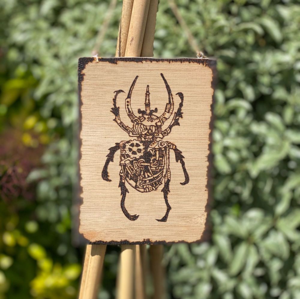 A Pyrographed Wooden Hanging Board with Steampunk Scarab Beetle ~ #P3