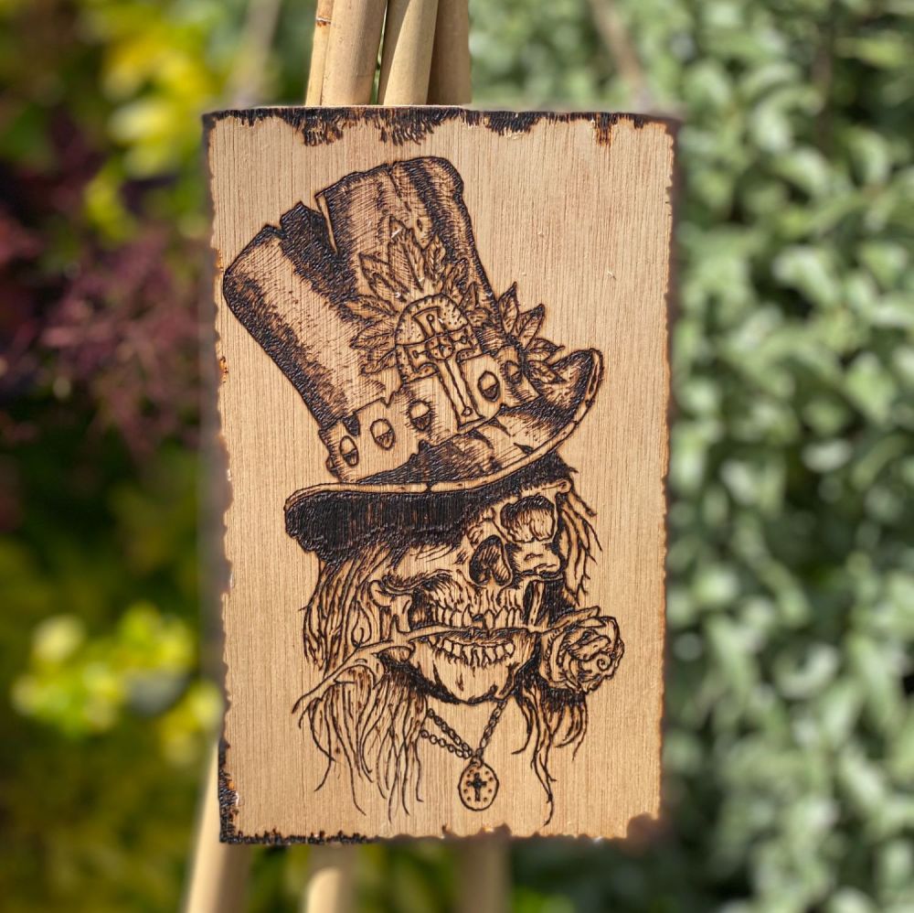 A Pyrographed Wooden Hanging Board with Steampunk Skull and Rose ~ #P3