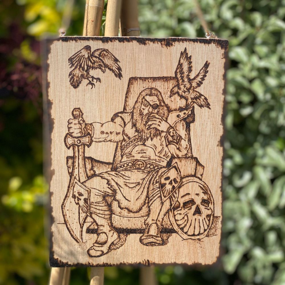 A Pyrographed Wooden Hanging Board with Lord of the Ravens design ~ #P6