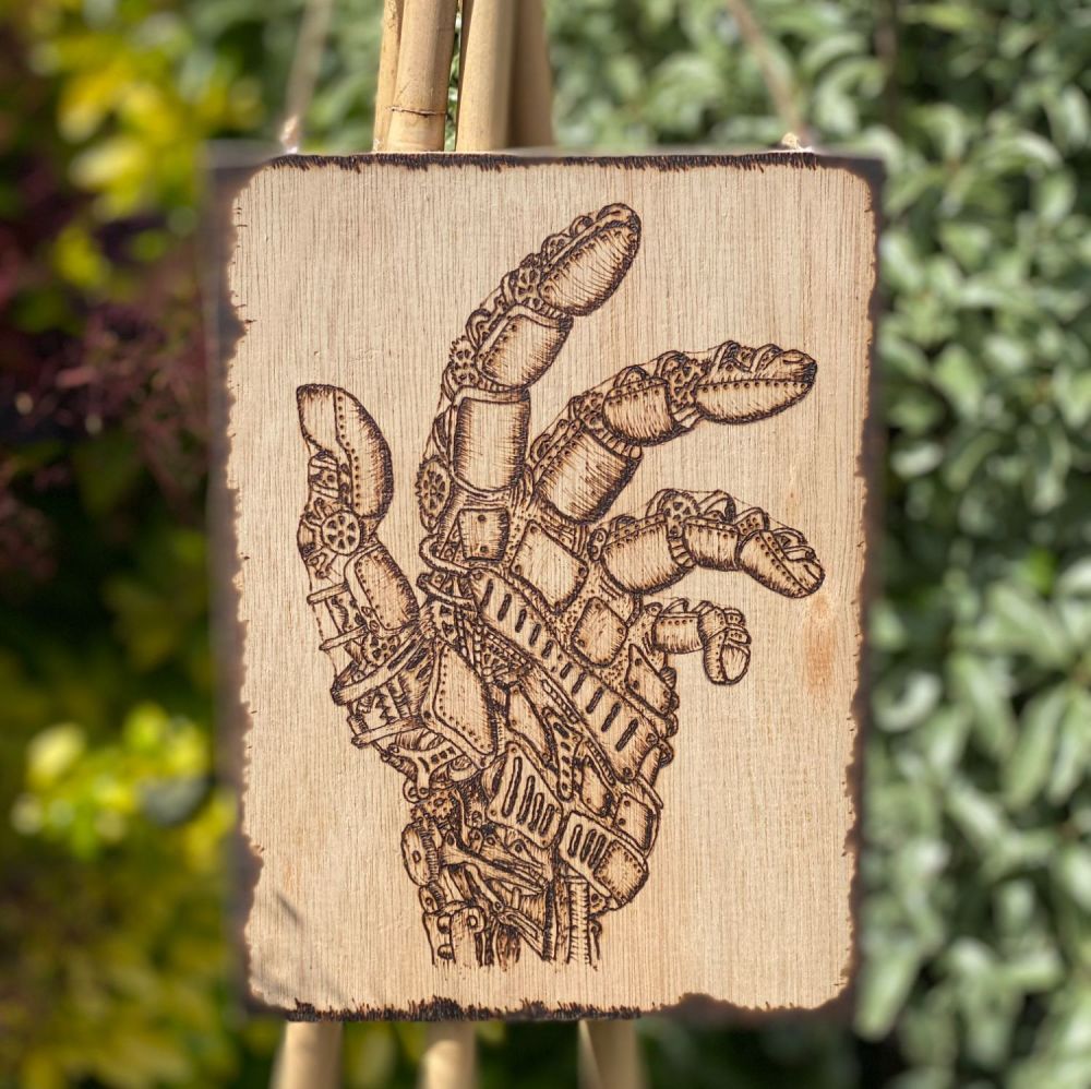 A Pyrographed Wooden Hanging Board with a Steampunk Hand design ~ #P9 ~ SALE